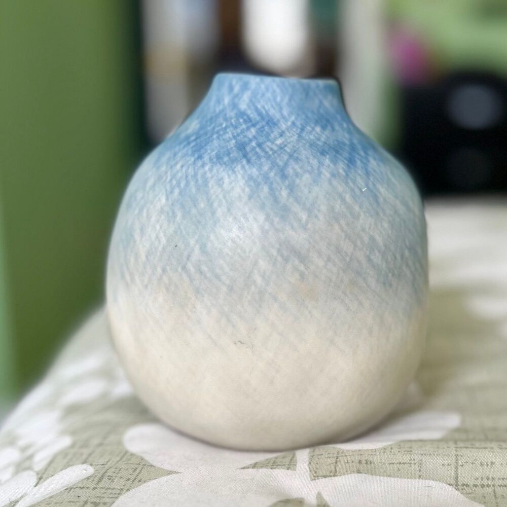 Bohemian Eclectic Unique Blue + Cream Pottery Indoor Vase Accent Decor Piece - Picture 5 of 10